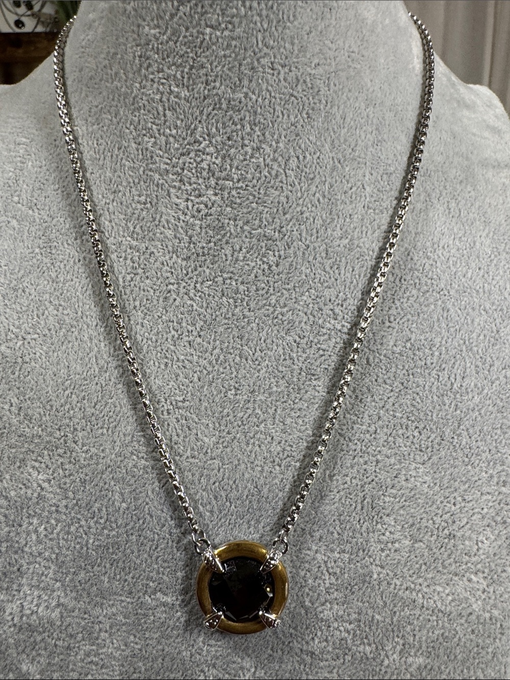 Classic Silver Chain Necklace with Black Stone and Gold Accent